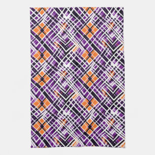 Geometric Halloween Plaid - Purple, Orange, White Kitchen Towel