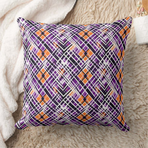Geometric Halloween Plaid - Purple, Orange, White Throw Pillow