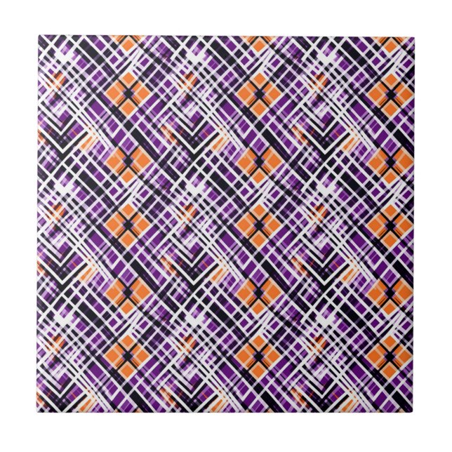 Geometric Halloween Plaid - Purple, Orange, White Tile (Front)