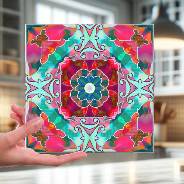 Geometric Happy Fantasy Abstract Design Tile (Tile featuring an abstract geometric kaleidoscope pattern inspired in a variety of colors)