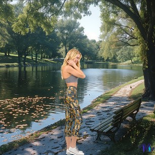 Geometric Harmony: Abstract Blue and Gold Pattern Capri Leggings