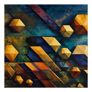 Geometric Harmony: Abstract Cubes in Gold and Teal Poster