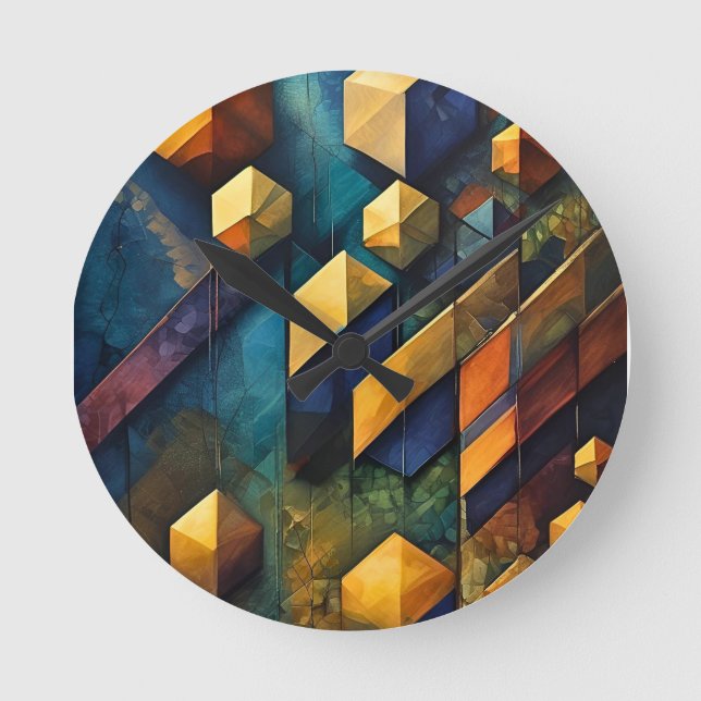 Geometric Harmony: Abstract Cubes in Gold and Teal Round Clock (Front)