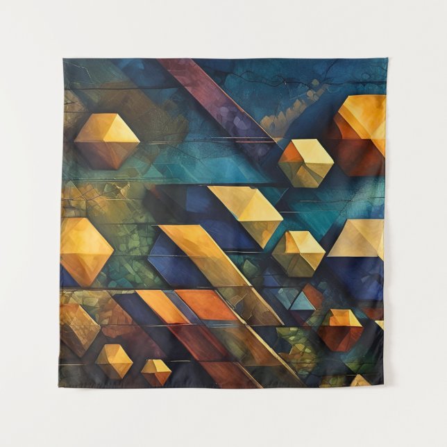 Geometric Harmony: Abstract Cubes in Gold and Teal Tapestry (Front)