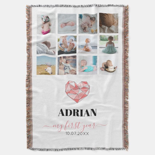 Geometric Heart Baby's First Year Photo Collage Throw Blanket (Front Vertical)