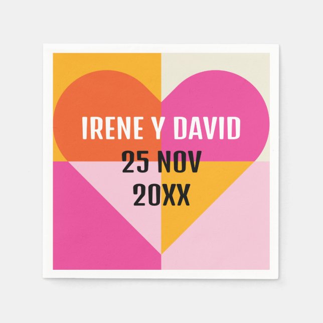 Geometric Heart Grid Orange and Pink Napkin (Front)