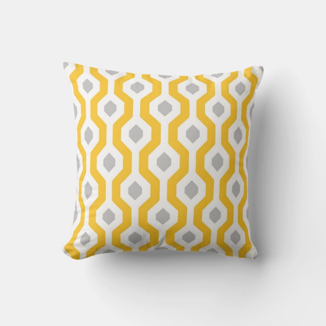 Geometric Hexagon Link Pattern Yellow Grey Throw Pillow (Front)