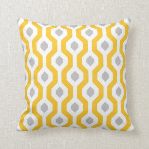 Geometric Hexagon Link Pattern Yellow Grey Throw Pillow