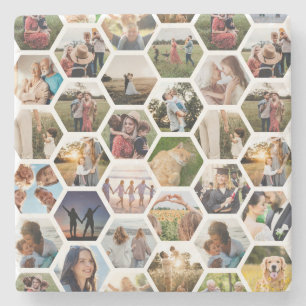 Geometric Hexagon Pattern Photo Collage Stone Coaster
