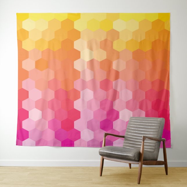 Geometric Hexagon Shapes Pink yellow Tapestry (In Situ (Horizontal))
