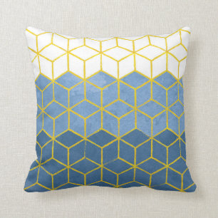 Geometric Hexagons Blue and Gold Throw Pillow