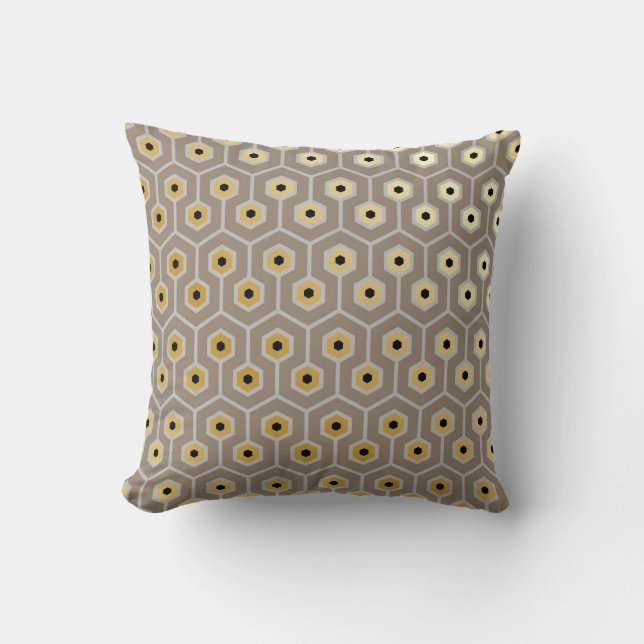 Geometric Hexagons Pattern Taupe Grey Black Cream Throw Pillow (Front)
