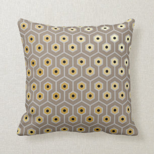 Geometric Hexagons Pattern Taupe Grey Black Cream Throw Pillow