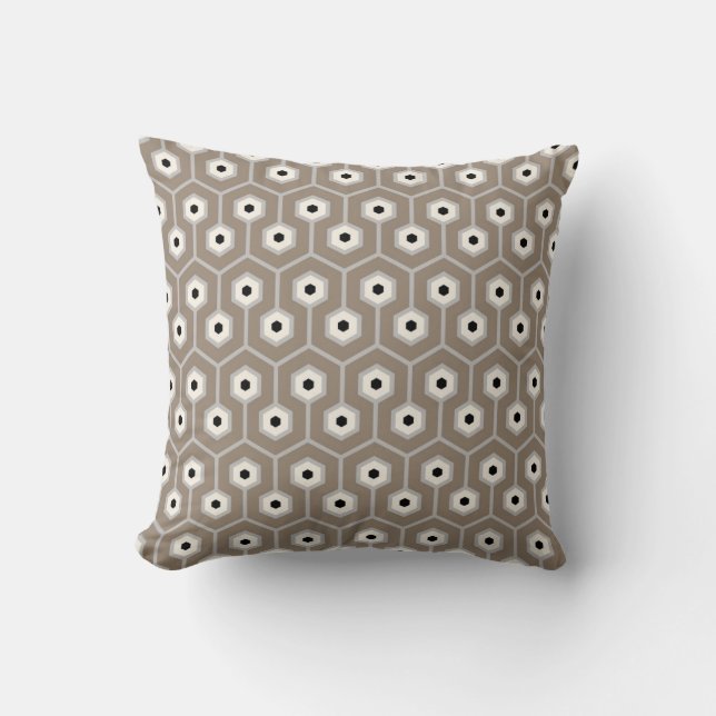 Geometric Hexagons Pattern Taupe Grey Black Cream Throw Pillow (Front)