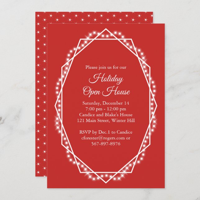 Geometric Holiday Sparkle Open House Red Invitation (Front/Back)