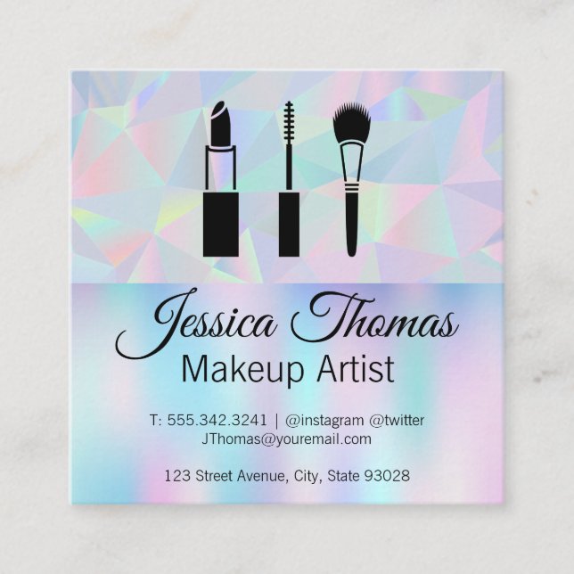 Geometric Holographic Background | Makeup Kit Square Business Card (Front)