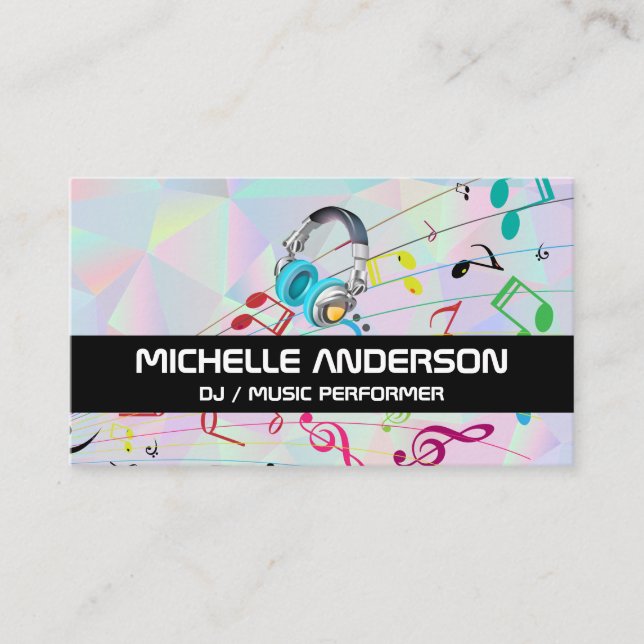 Geometric Holographic | Headphones | Musical Notes Business Card (Front)