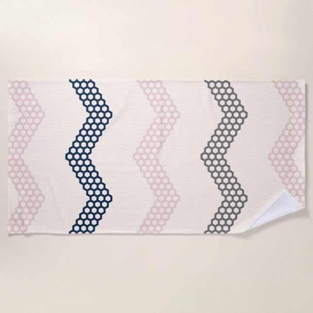 Geometric Honeycomb Chevron Pattern Navy Pink Grey Beach Towel (Front)