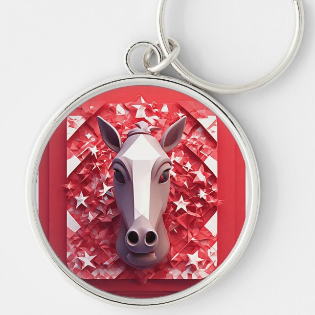Geometric Horse Portrait in Vibrant Red and White Keychain (Front)