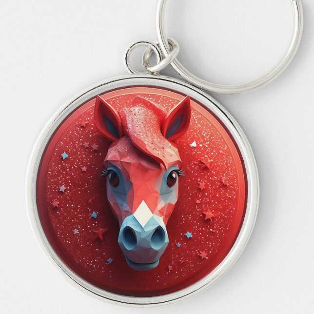 Geometric Horse Portrait in Vibrant Red and White Keychain (Front)