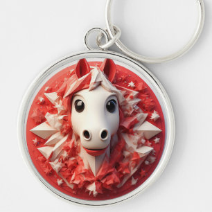 Geometric Horse Portrait in Vibrant Red and White Keychain