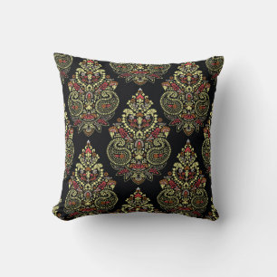 Geometric indianpaisley Design pattern on black ba Throw Pillow