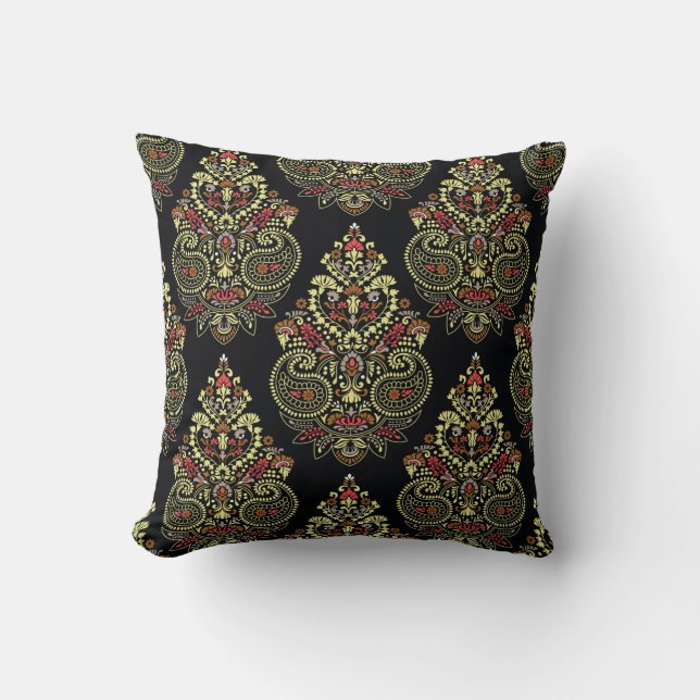 Geometric indianpaisley Design pattern on black ba Throw Pillow (Front)