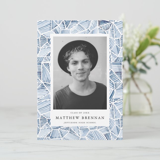 Geometric Indigo Blue Watercolor Graduation Party Invitation (Standing Front)
