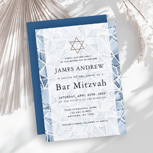 Geometric Indigo Pattern Watercolor Bar Mitzvah Invitation