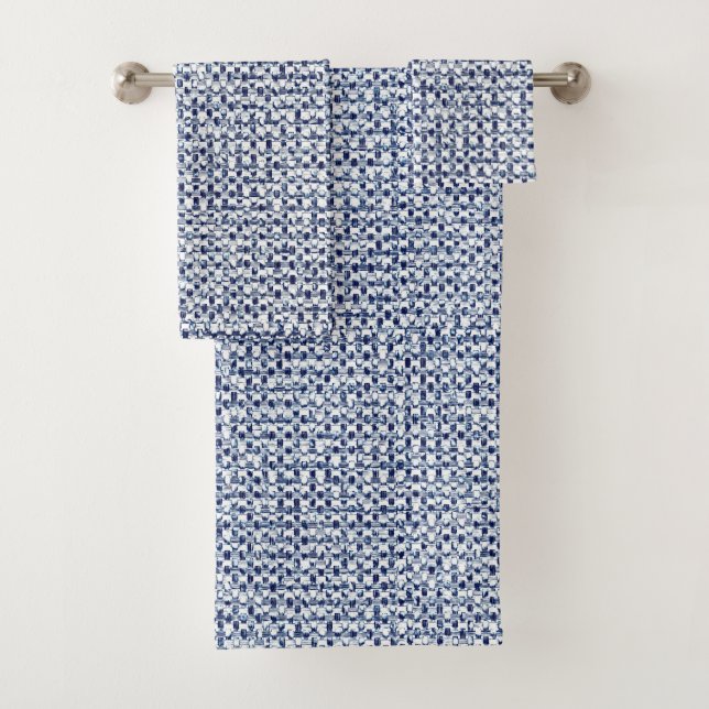Geometric Itajime Shibori Blue Check Textile Look Bath Towel Set (Insitu)