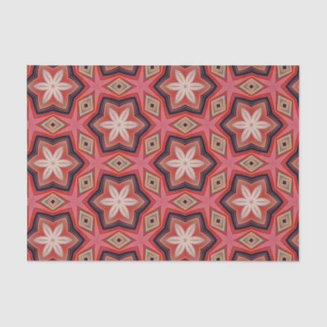 Geometric Kaleidoscopic White Flowers On Red  Tissue Paper (Front)