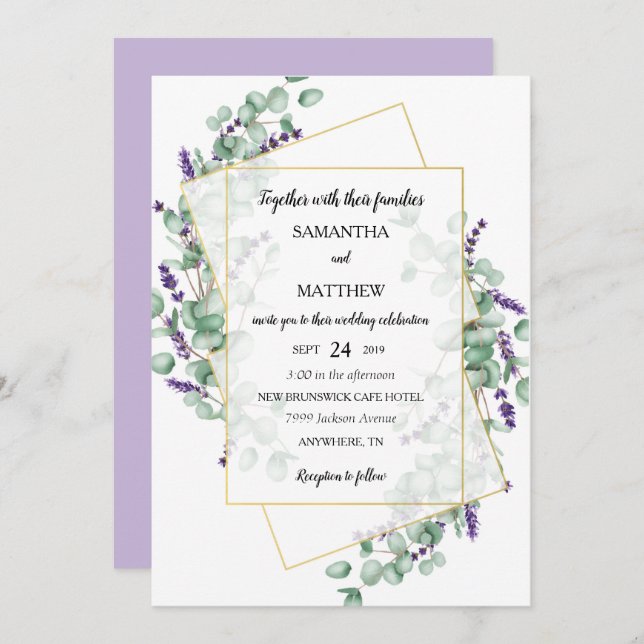 Geometric Lavender Eucalyptus Wedding Invitation (Front/Back)