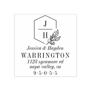Geometric Leaf Monogram Frame Wedding Address Rubber Stamp