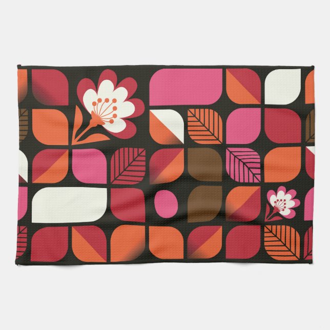 Geometric Leaves Flowers Seamless Pattern Kitchen Towel (Horizontal)