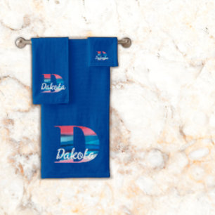 Geometric letter D coral pink monogram dark blue  Bath Towel Set