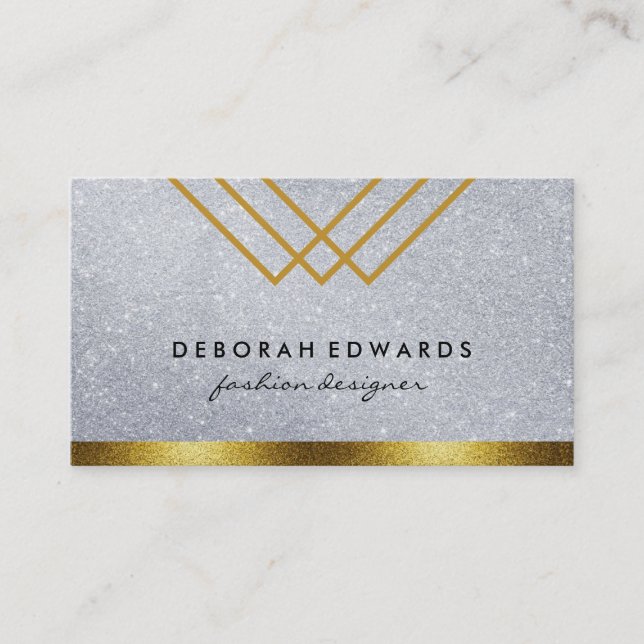 Geometric Lines Glitter with Gold Glitter Trim Business Card (Front)