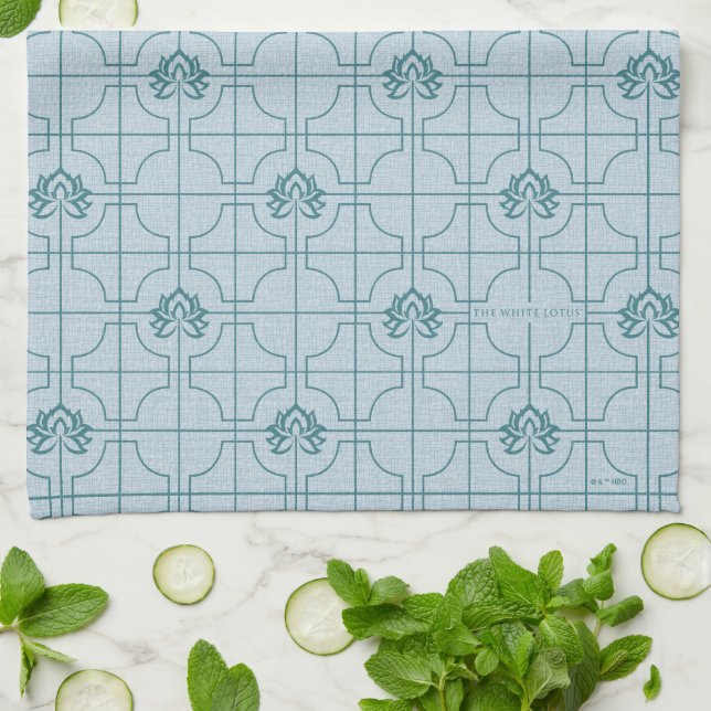 Geometric Lotus Grid Pattern - The White Lotus Kitchen Towel (Folded)