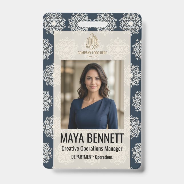 Geometric Mandala Deep Navy Ivory Badge (Front)
