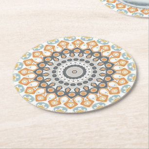 Geometric Mandala in Orange, Gray, and Blue Round Paper Coaster
