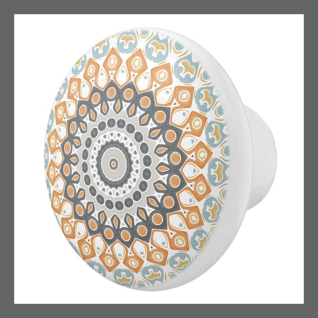 Geometric Mandala in Orange, Grey, and Blue Ceramic Knob (Creator Uploaded)