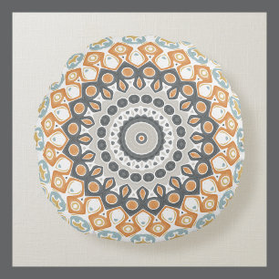 Geometric Mandala in Orange, Grey, and Blue Round Pillow