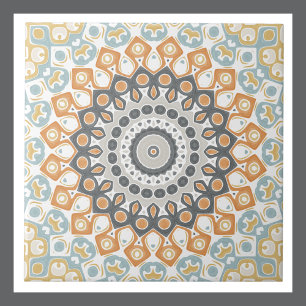 Geometric Mandala in Orange, Grey, and Blue Tile