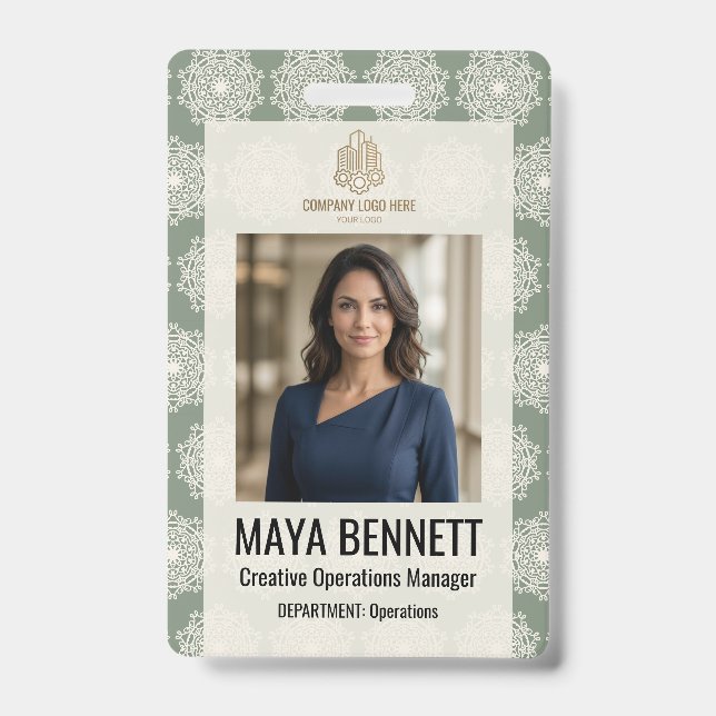Geometric Mandala Sage Cream Badge (Front)