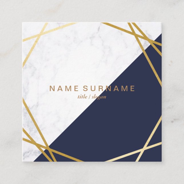 Geometric Marble Gold Blue Square Business Card (Front)
