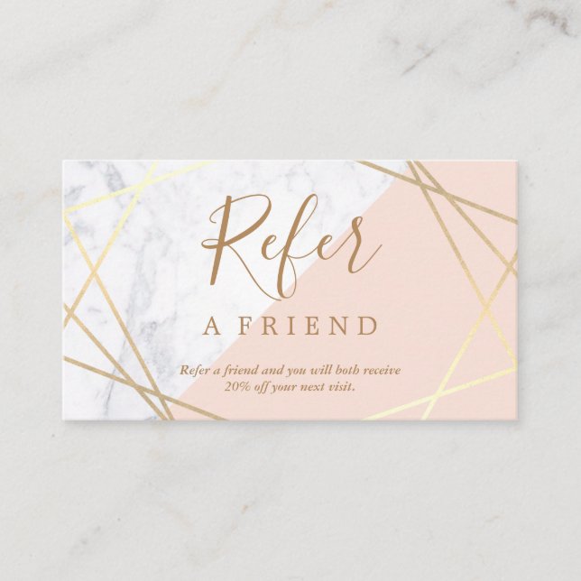 Geometric Marble Gold Light Pink Referral Business Card (Front)