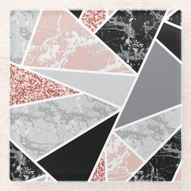 Geometric Marble with Pink Glitter: Seamless Glass Coaster (Front)