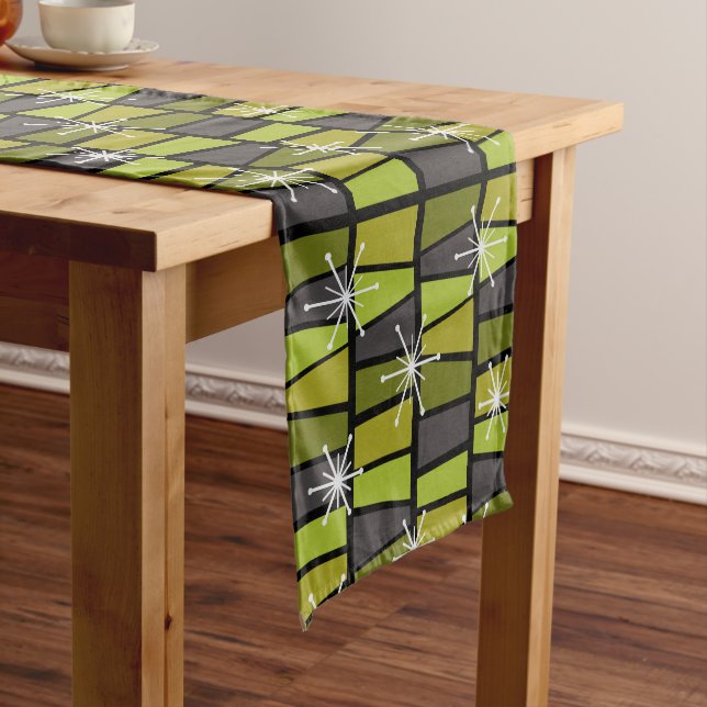 Geometric MCM Abstract Olive Green Short Table Runner (In Situ)