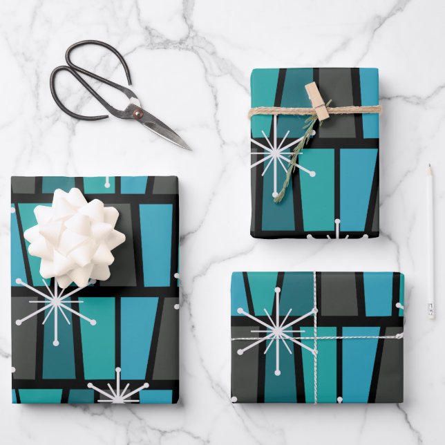 Geometric MCM Abstract Turquoise Teal Wrapping Paper Sheet (Front)
