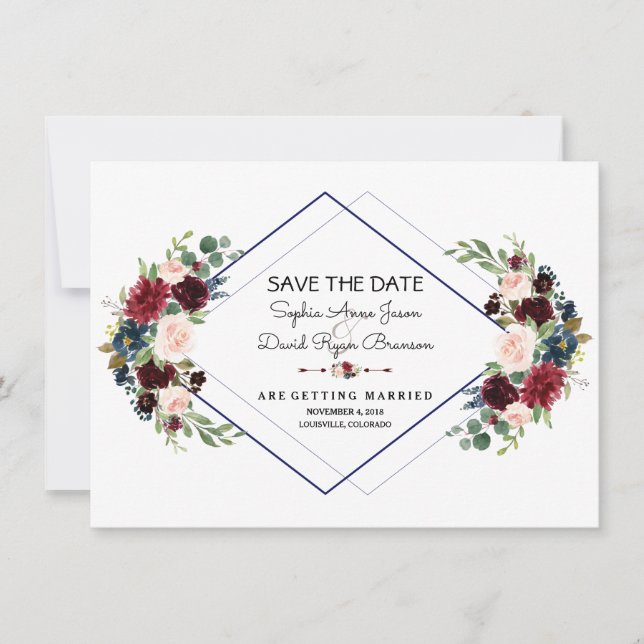 Geometric Merlot Navy Blue Floral Save The Date (Front)