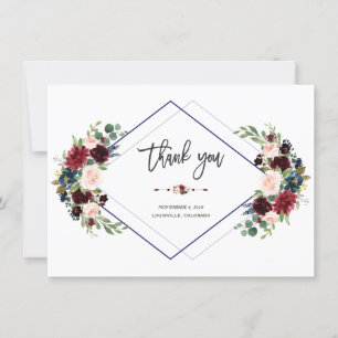 Geometric Merlot Navy Floral Wedding Thank you Card